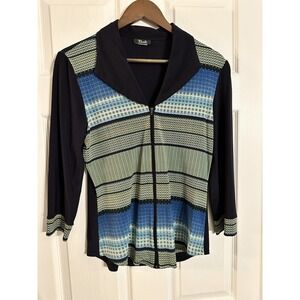 Bali Corp Women's Zip Front Geometric Print Top Navy Blue Multi Size Medium